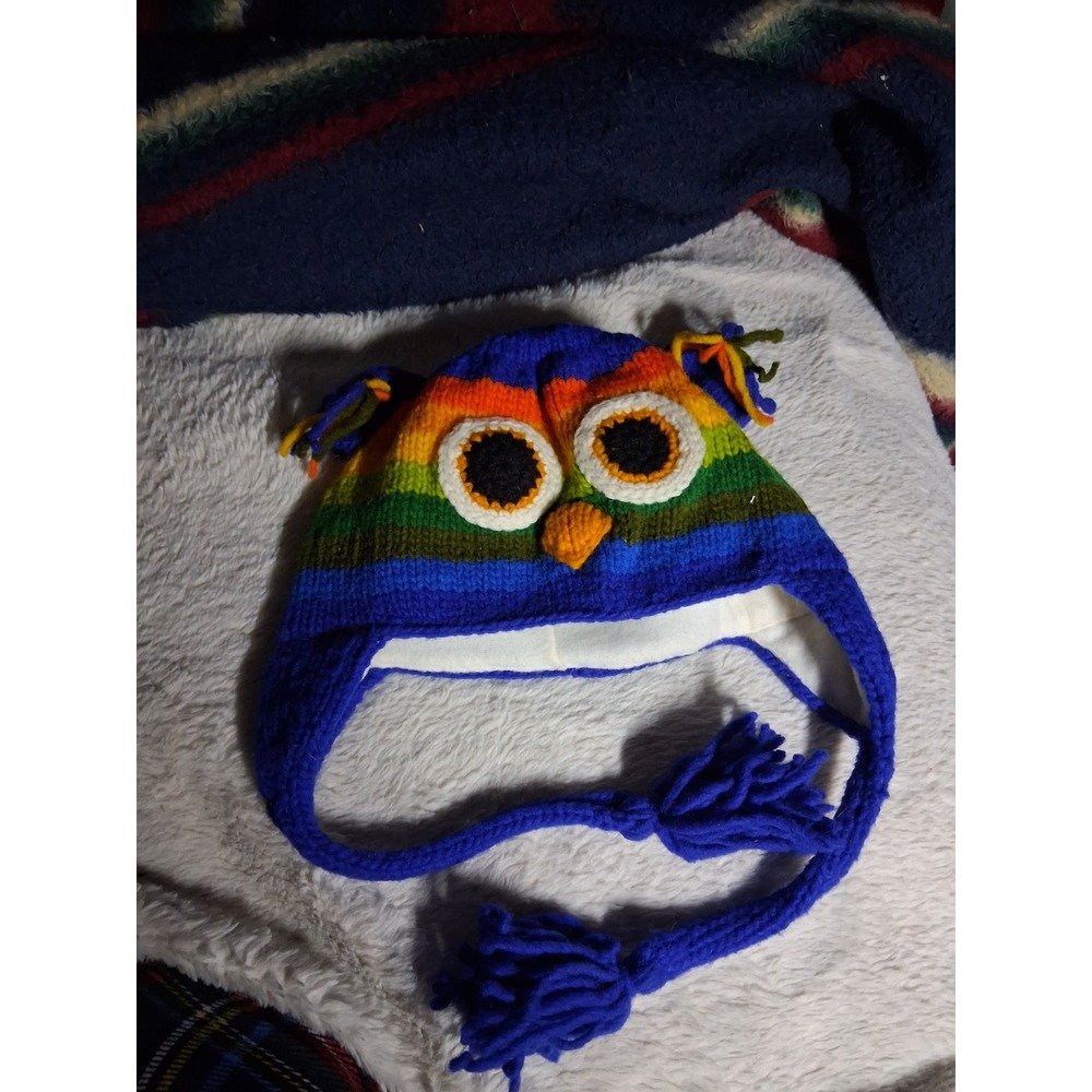 Vive Bien Youth Rainbow Owl Wool  Hat Fleece Lined Handcrafted Ecuador